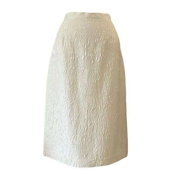 VINTAGE Silk Jacquard Midi Skirt Cream Ivory Floral Wool 10 - Picture 1 of 10